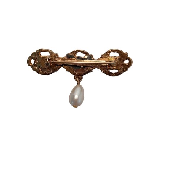 Vintage Cabochon Bar Pin Brooch Faux Pearl Drop Gold Tone VTG - Picture 14 of 16